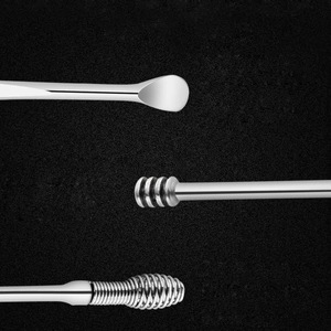 Stainless steel 6-piece ear pick set with spiral spring and spoon tools on black background
