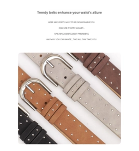 Detailed close-up of trendy leather belts featuring double row metal stud decorations