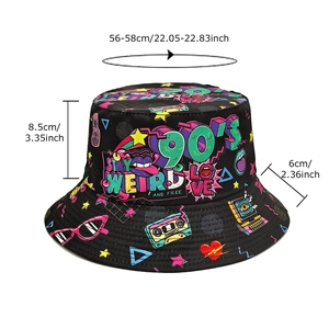 90er Jahre Retro Fischerhut mit bunten Graffiti-Prints auf schwarzem Baumwollstoff