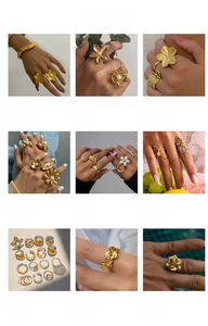 Detailed collection of 18k gold plated titanium steel flower rings and pearl jewelry
