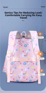 Detail of ergonomic padded straps and suitcase fixing belt on a pink school backpack