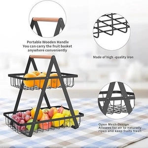 Modern 2-tier black metal fruit basket with wooden handle and open wire mesh design
