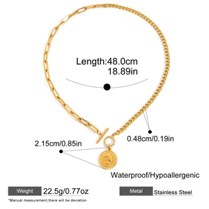 Macro view of gold stainless steel coin pendant necklace with size and weight details