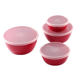 Set of 4 red plastic storage bowls with translucent lids for kitchen food organization