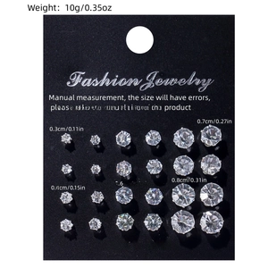 Size chart for 12 pairs of heart crystal stud earrings showing dimensions from 3mm to 8mm