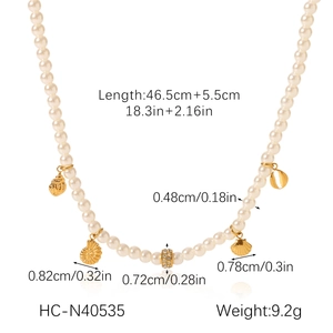 Detailed dimensions of pearl necklace with gold shell charms and pendant measurements