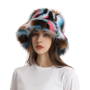 Macro detail of colorful faux fur bucket hat showing mixed blue and pink textures