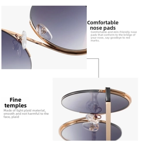 Detail of comfortable silicone nose pads and lightweight gold metal arms for the eyewear