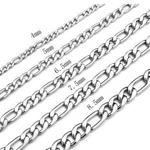 Polished stainless steel Figaro chains shown in 4mm to 8.5mm widths on white background