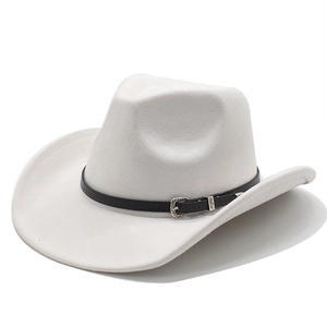 Detail of western cowboy hat with embossed black leather band and silver carved buckle