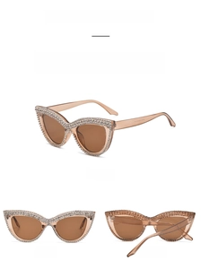 Three-view display of cat-eye sunglasses with crystal-embossed frames and brown lenses