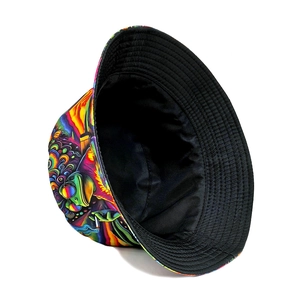 Colorful tie-dye fisherman hat with psychedelic frog wearing sunglasses print