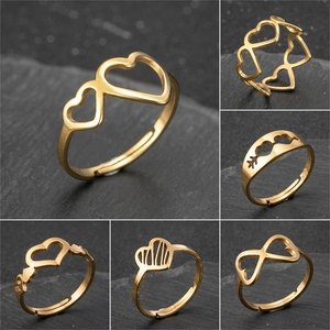 Heart Shaped Adjustable Open Rings Stainless Steel Hollow Geometric Fashion Jewelry Vintage Gift For Women Girls