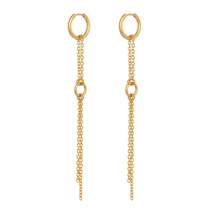 Orecchini a pendolo in oro con doppia catena e dettaglio geometrico ad anello tondo