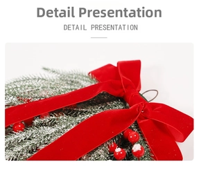 Macro detail of red velvet bow with snowy holly berries and green pine needles decoration