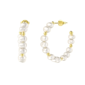 Elegant S925 silver C-shaped hoop earrings with white pearls and golden metal finish