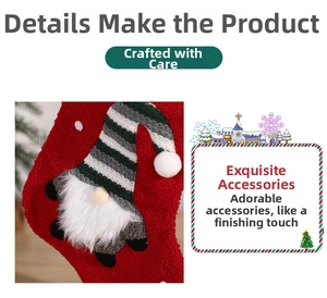 Detail of red fleece Christmas stocking with 3D gnome plush and striped knit hat decor