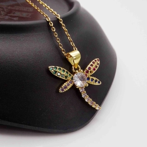 Colorful dragonfly pendant necklace with zircon stones and 14k gold plated fine chain