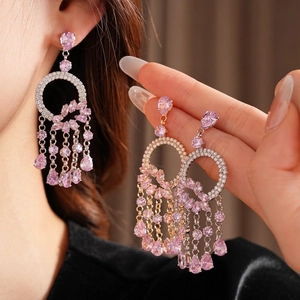 French palace style zircon tassel drop earrings with pink stones in gold and silver finish