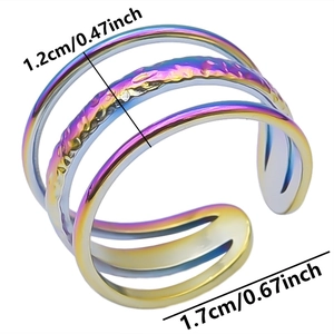 Macro detail of rainbow multilayer hammered stainless steel ring with dimensions