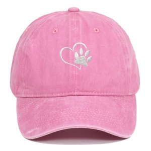 Pink washed cotton baseball cap with white heart and dog paw embroidery on front