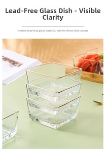 Detail of square lead-free glass fruit dish with elegant gold rim in a home tea setting