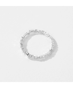 Detailed view of textured silver chain links and a smooth metal bead on an irregular ring