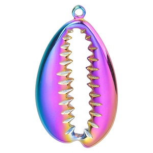 Macro shot of shell shaped metal pendant with iridescent rainbow finish and top ring connector