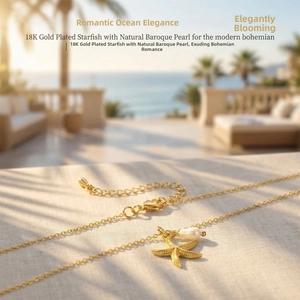 Detail of 18K gold starfish pendant with a white baroque pearl on a coastal background