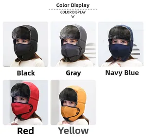 Bonnet trappeur d'hiver avec masque en noir, gris, marine, rouge et jaune