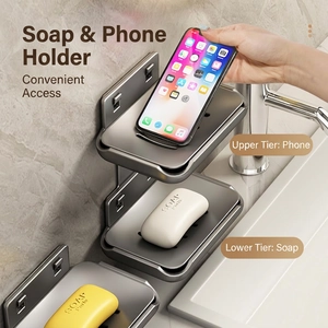 Wall-mounted double layer space aluminum soap dish with drainage and phone holder