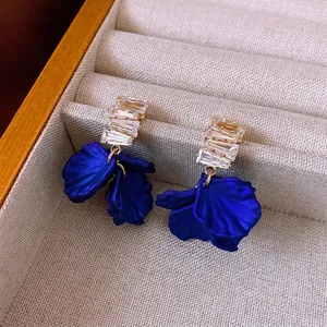 Luxurious gold-plated blue shell flower drop earrings with sparkling zircon inlay
