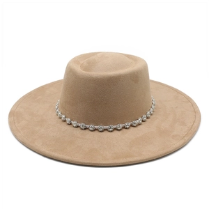 Khaki faux suede fedora hat with flat top and sparkling rhinestone chain trim