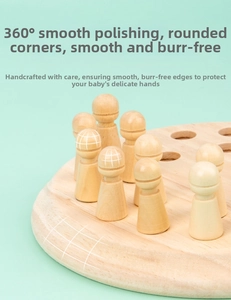 Close-up of smooth polished wooden memory chess pieces with round edges for kids