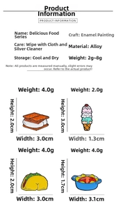 Detail specifications for food-themed enamel pins including ice cream and taco alloy badges