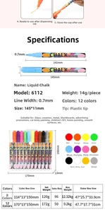 Detailed specs of 0.7mm liquid chalk markers in 12 colors for glass and LED boards