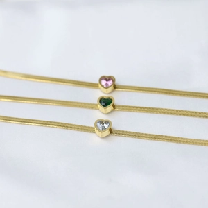 14K gold plated stainless steel snake chain bracelets with colorful heart gemstones