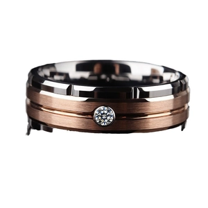Two-tone rose gold and black brushed stainless steel ring with a round zircon stone