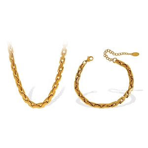 Minimalist 18k gold plated stainless steel bamboo chain necklace and bracelet jewelry set