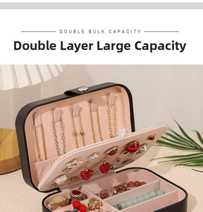 Double-layer PU leather jewelry box with pink velvet interior for rings and necklaces