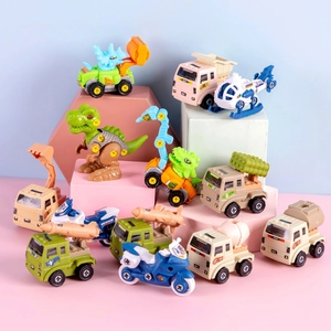 Mini DIY Assembly Toy Vehicles ABS Plastic Military Engineering Car Dinosaur Friction Power Educational Gift For Kids