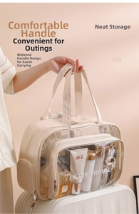 Close-up of the reinforced handle and mesh window on a beige travel toiletry bag