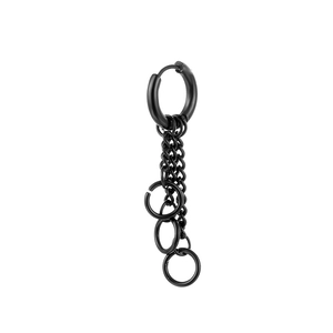Detail of black stainless steel long tassel chain earrings with multiple rings