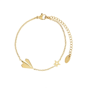 Gold paper airplane and star pendant bracelet in titanium steel on white background