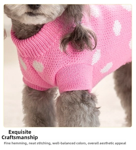 Detailed close-up of pink polka dot knit dog sweater showing soft woven texture