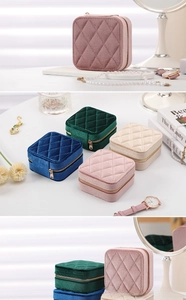 Detail of velvet jewelry box with quilted pattern and golden zipper in multiple colors