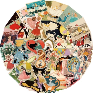 Dettaglio di adesivi vintage di fiabe con vari motivi illustrati in stile retrò