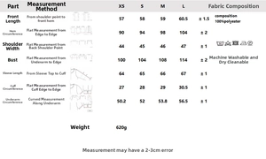 Size chart for women's sequin jacket showing dimensions in XS to L for a perfect fit