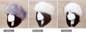 Trois variantes de bandeaux en fausse fourrure de renard en gris, blanc crème et pointes brunes