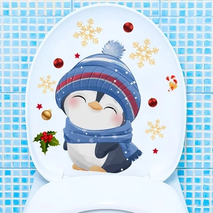 Christmas Toilet Lid Stickers Cartoon Dog Penguin Reindeer PVC Waterproof Self Adhesive Wall Decals Bathroom Festive Decor